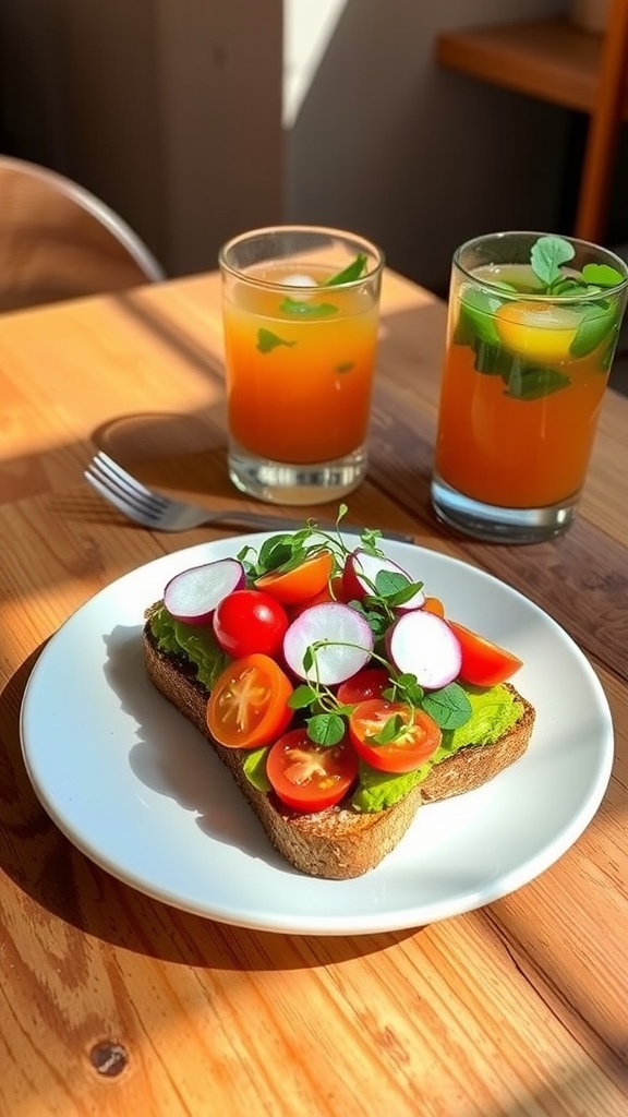 Vibrant avocado toast with radishes and tomatoes, accompanied by a glass of fresh juice on a rustic table.